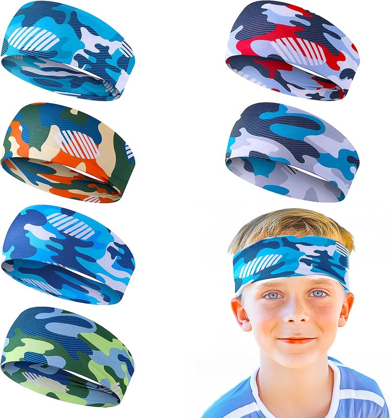 Telooco 6Pcs Kids Sweatbands Boys Headbands for Sports Breathable Elastic Kids Sweatbands Non Slip Soccer Headbands for Boys Youth Baseball Basketball Running Exercise Sweat Absorbing Hairband - Image 1